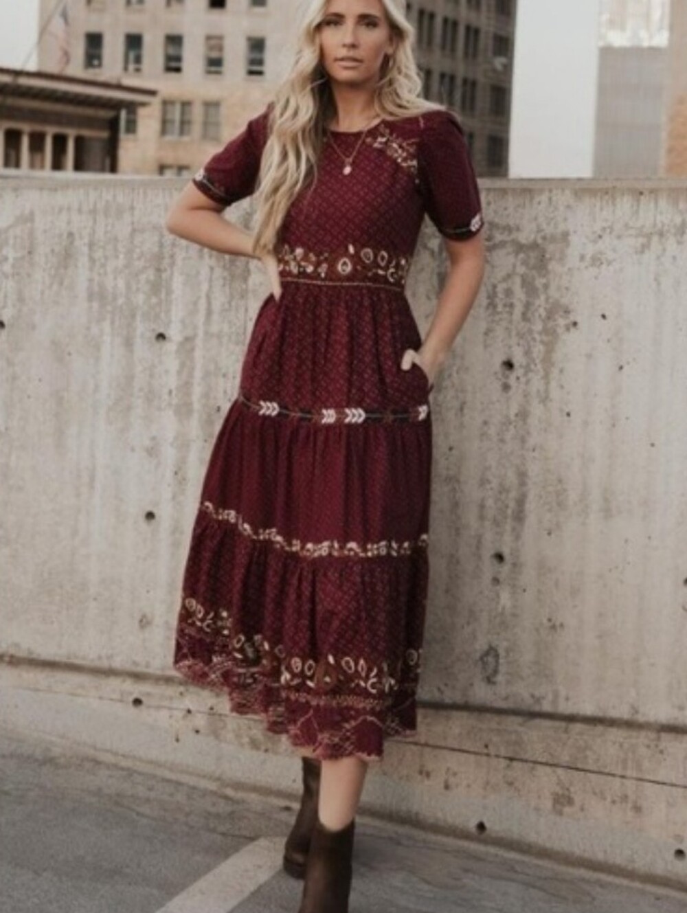 Bohme Bohemian Tiered Dress in Burgundy with Embroidered Details S